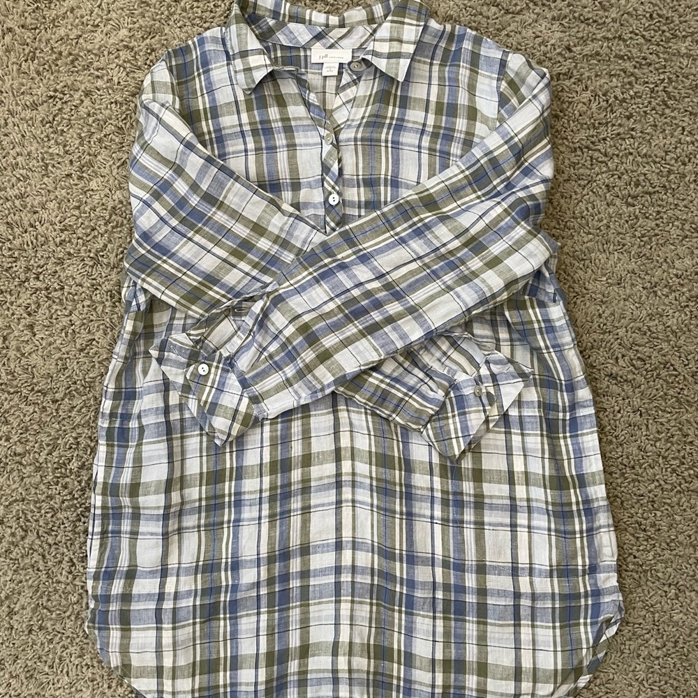 J. Jill Love Linen Blue and Green Plaid Linen Shirt with Pockets | Petite Small - Picture 10 of 12